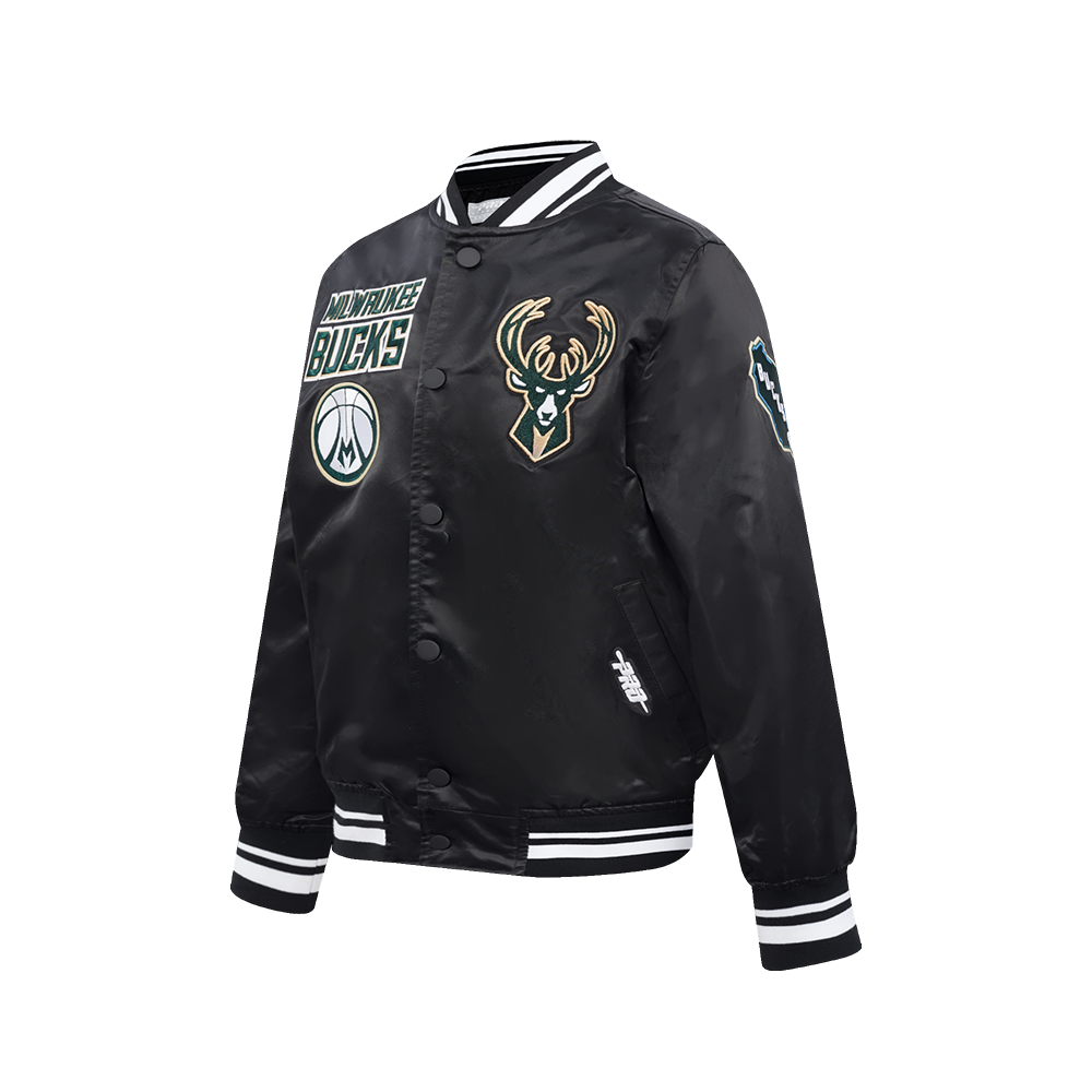 NBA MILWAUKEE BUCKS RETRO CLASSIC BLOUSON EN SATIN À BORDS CÔTELÉS POUR GARÇON JUNIOR (NOIR)