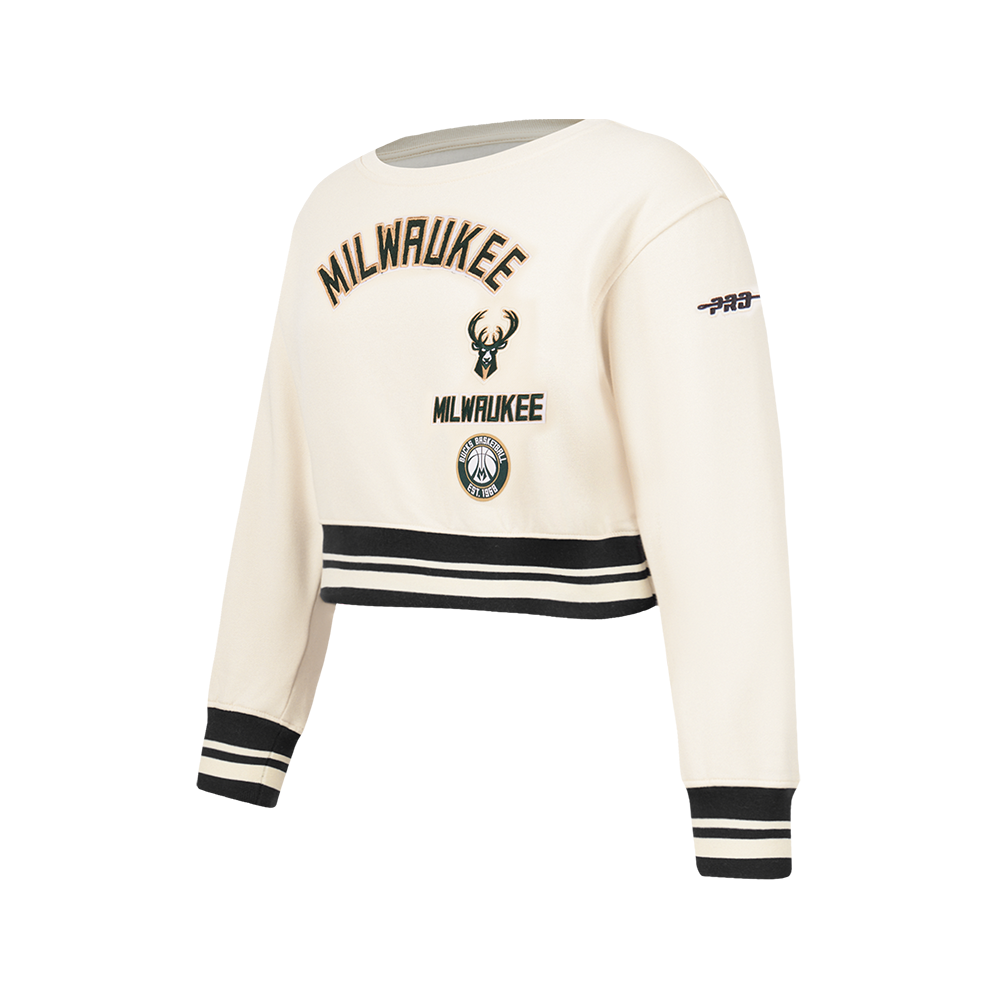 NBA MILWAUKEE BUCKS RETRO CLASSIC BIG GIRL'S RIB FLC CREWNECK (EGGSHELL/ BLACK)