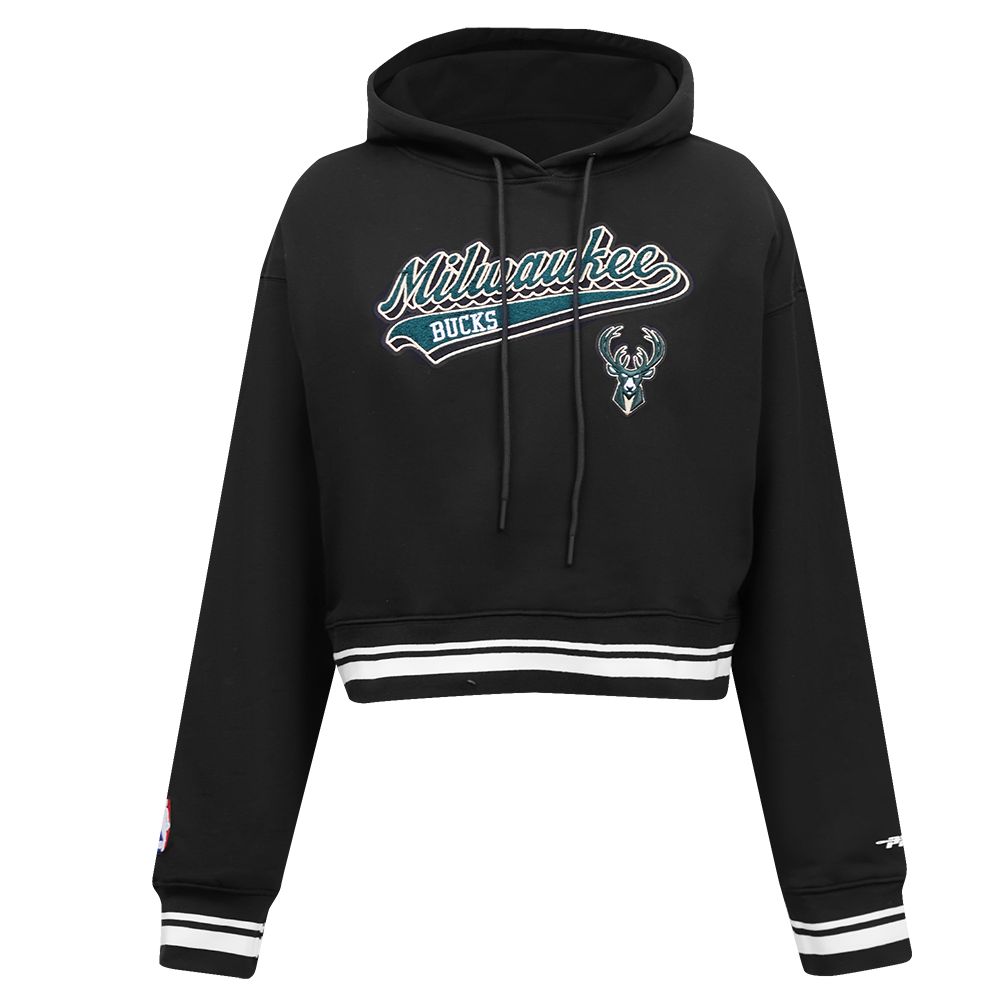 NBA MILWAUKEE BUCKS SCRIPT TAIL CHANDAIL À CAPUCHON COURT EN MOLLETON CÔTELÉ POUR FEMME (NOIR)