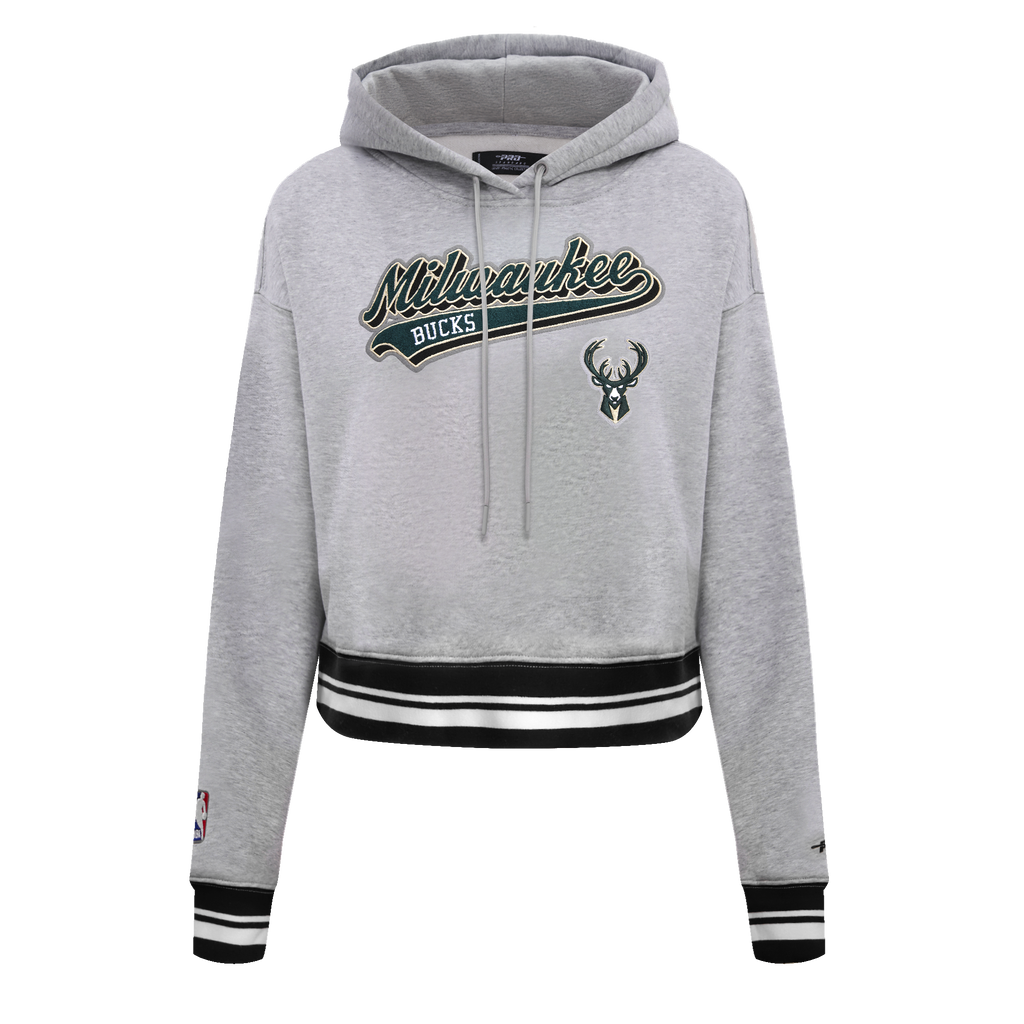NBA MILWAUKEE BUCKS SCRIPT TAIL CHANDAIL À CAPUCHON COURT EN MOLLETON CÔTELÉ POUR FEMME (GRIS CHINÉ/NOIR)