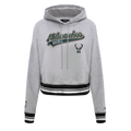 NBA MILWAUKEE BUCKS SCRIPT TAIL CHANDAIL À CAPUCHON COURT EN MOLLETON CÔTELÉ POUR FEMME (GRIS CHINÉ/NOIR)