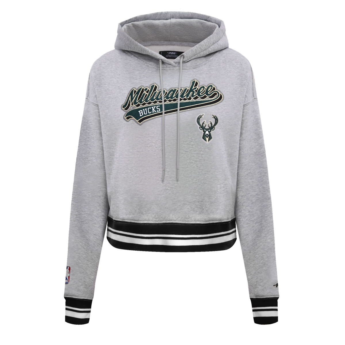 NBA MILWAUKEE BUCKS SCRIPT TAIL CHANDAIL À CAPUCHON COURT EN MOLLETON CÔTELÉ POUR FEMME (GRIS CHINÉ/NOIR)