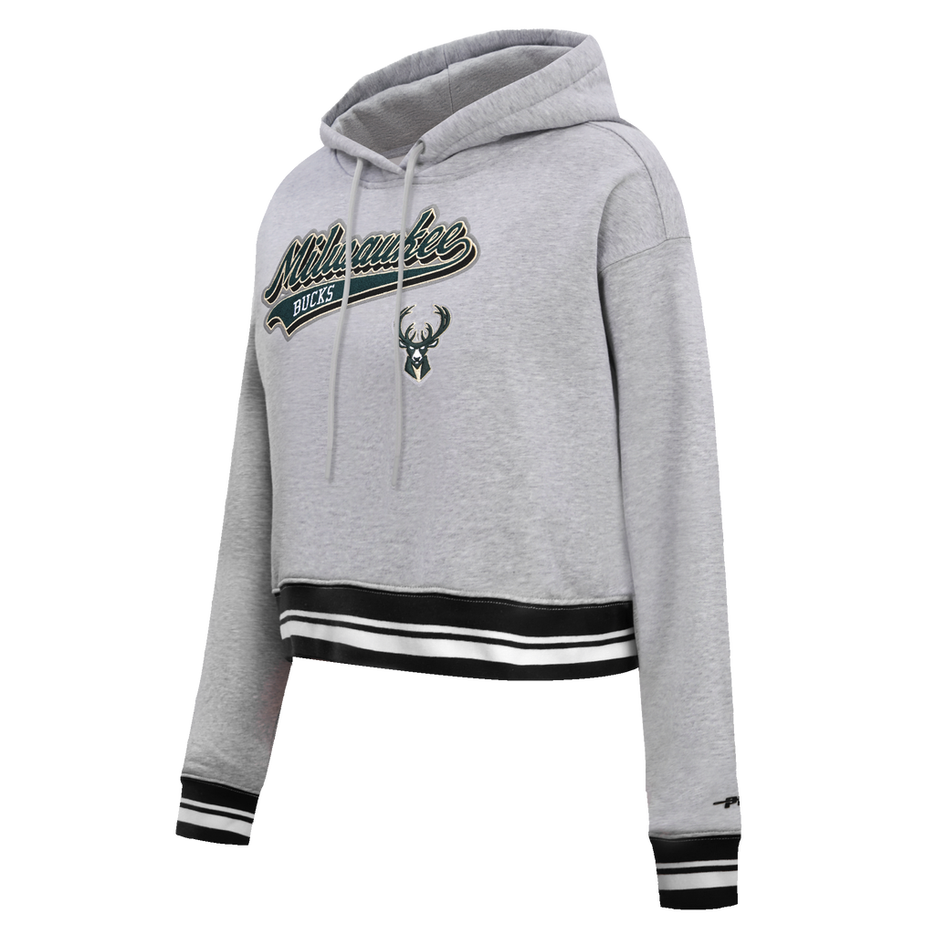 NBA MILWAUKEE BUCKS SCRIPT TAIL CHANDAIL À CAPUCHON COURT EN MOLLETON CÔTELÉ POUR FEMME (GRIS CHINÉ/NOIR)