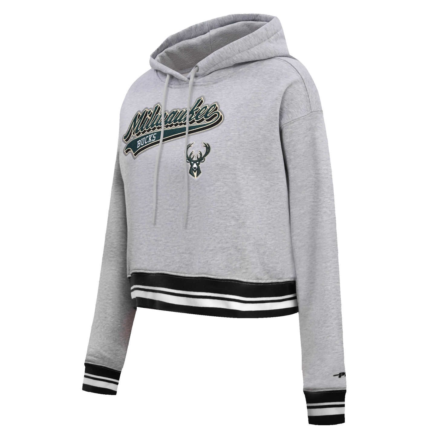 NBA MILWAUKEE BUCKS SCRIPT TAIL WOMEN'S RIB FLEECE CROPPED PULLOVER HOODIE (HEATHER GRAY/BLACK)
