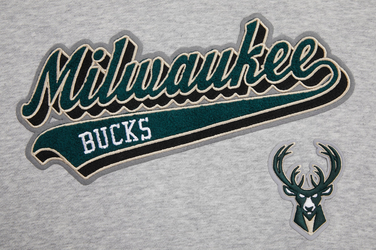 NBA MILWAUKEE BUCKS SCRIPT TAIL CHANDAIL À CAPUCHON COURT EN MOLLETON CÔTELÉ POUR FEMME (GRIS CHINÉ/NOIR)