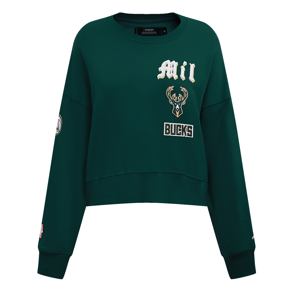 NBA MILWAUKEE BUCKS OLD ENGLISH WOMEN'S FLC CREWNECK (FOREST GREEN)