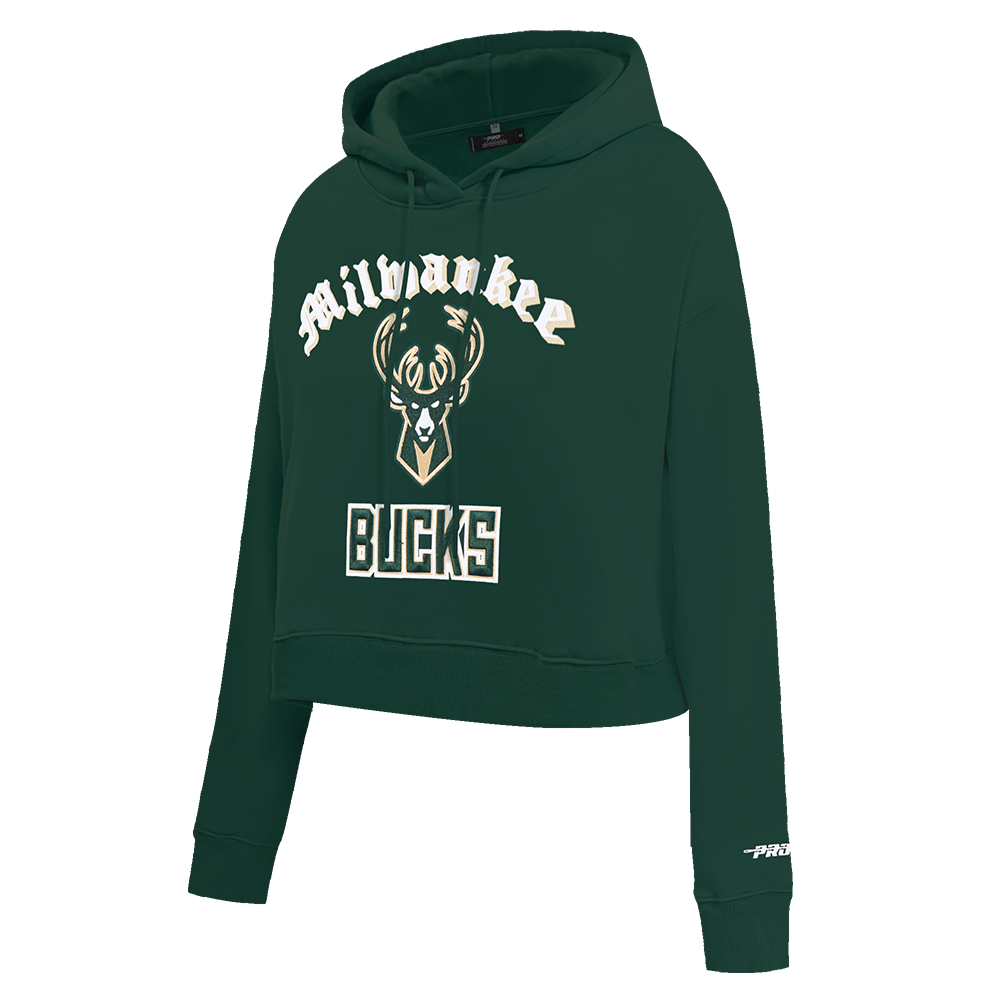 NBA MILWAUKEE BUCKS OLD ENGLISH WOMEN'S FLC CROPPED PO HOODIE (FOREST GREEN)
