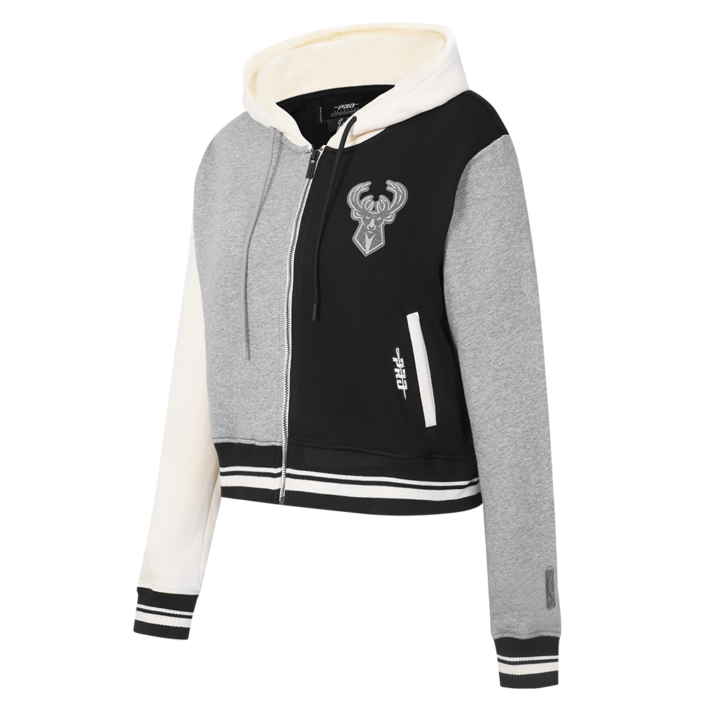 NBA MILWAUKEE BUCKS REVERSE FRENCH TERRY WOMEN'S COLOR BLOCK FLEECE FULL ZIP HOODIE (BLACK/GRAY/EGGSHELL)