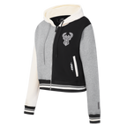 NBA MILWAUKEE BUCKS REVERSE FRENCH TERRY WOMEN'S COLOR BLOCK FLEECE FULL ZIP HOODIE (BLACK/GRAY/EGGSHELL)