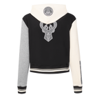 NBA MILWAUKEE BUCKS REVERSE FRENCH TERRY WOMEN'S COLOR BLOCK FLEECE FULL ZIP HOODIE (BLACK/GRAY/EGGSHELL)