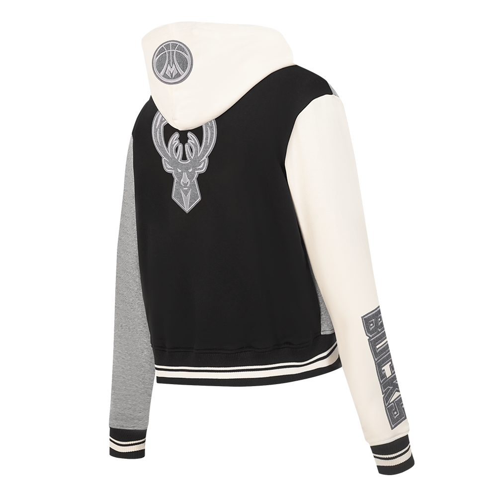 NBA MILWAUKEE BUCKS REVERSE FRENCH TERRY WOMEN'S COLOR BLOCK FLEECE FULL ZIP HOODIE (BLACK/GRAY/EGGSHELL)