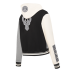 NBA MILWAUKEE BUCKS REVERSE FRENCH TERRY WOMEN'S COLOR BLOCK FLEECE FULL ZIP HOODIE (BLACK/GRAY/EGGSHELL)