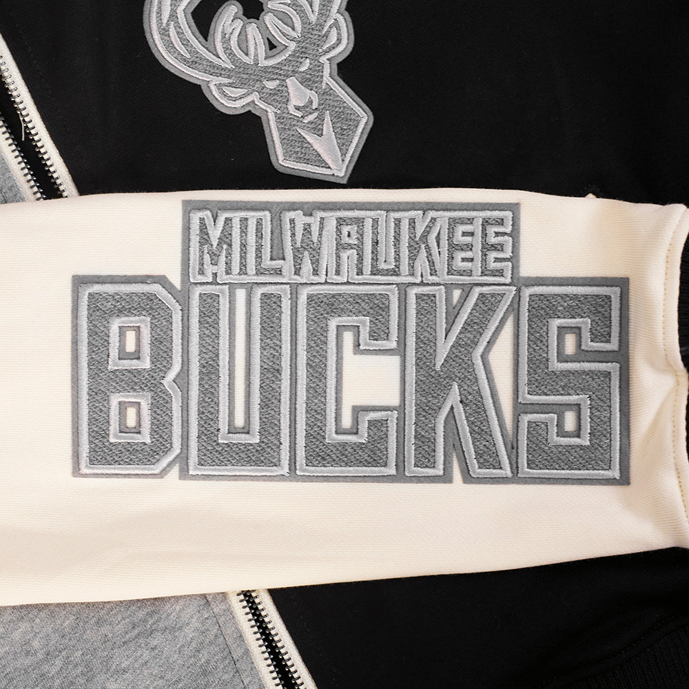 NBA MILWAUKEE BUCKS REVERSE FRENCH TERRY WOMEN'S COLOR BLOCK FLEECE FULL ZIP HOODIE (BLACK/GRAY/EGGSHELL)