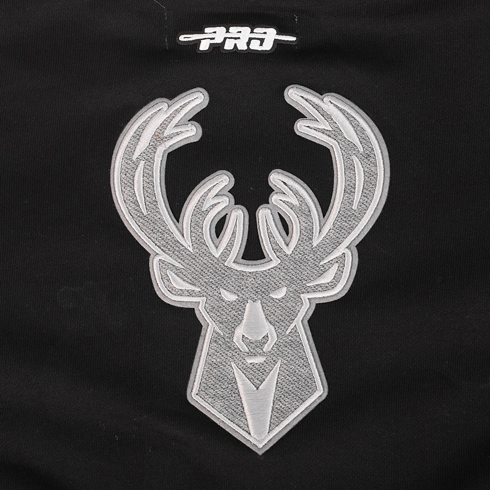 NBA MILWAUKEE BUCKS REVERSE FRENCH TERRY WOMEN'S COLOR BLOCK FLEECE FULL ZIP HOODIE (BLACK/GRAY/EGGSHELL)