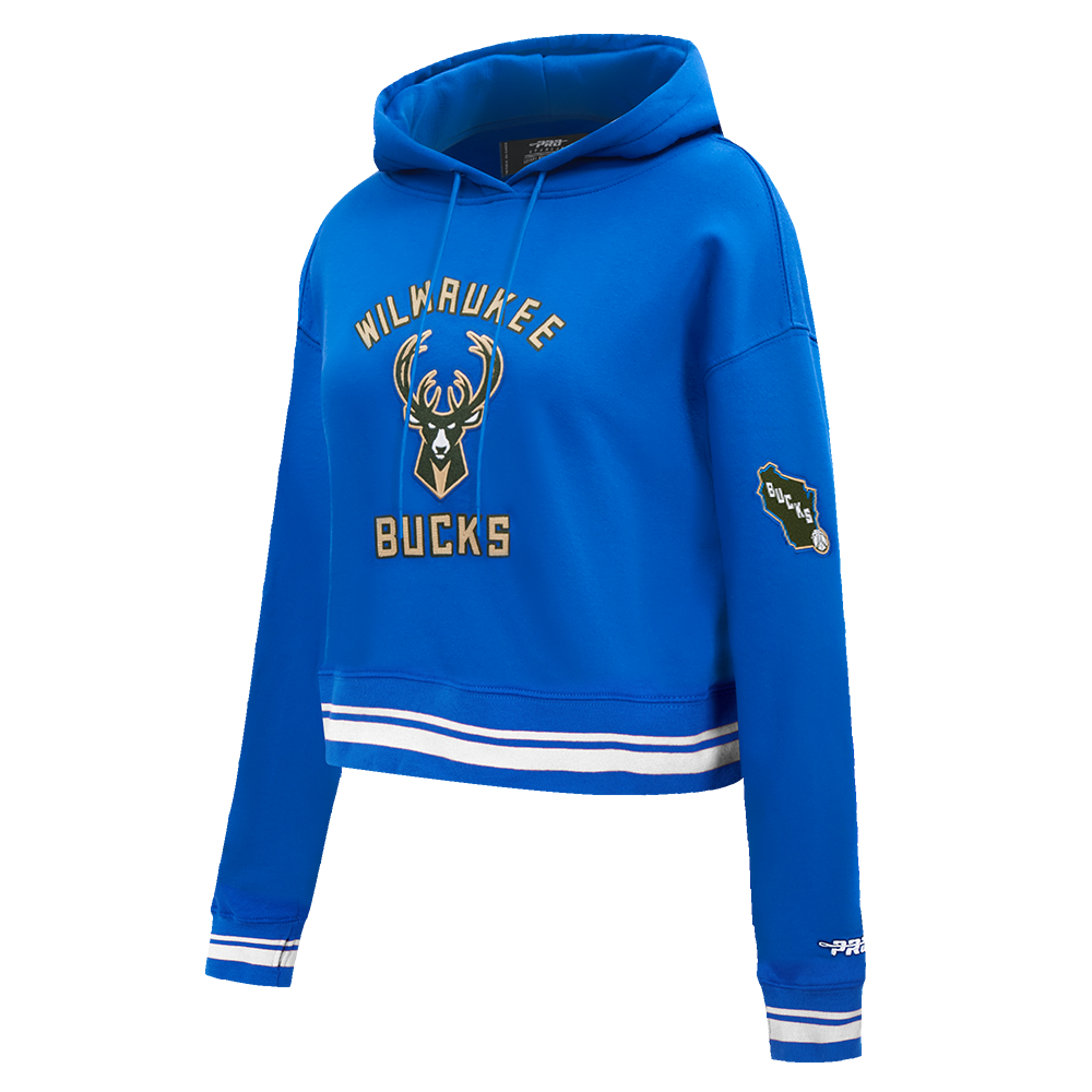 NBA MILWAUKEE BUCKS CITY EDITION 24-25 WOMEN'S RIB FLEECE CROPPED PULLOVER HOODIE (ROYAL BLUE)