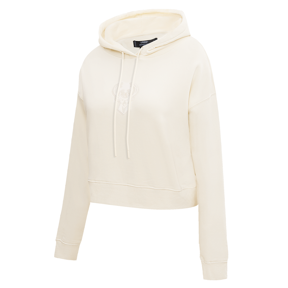 NBA MILWAUKEE BUCKS NEUTRAL WOMEN'S CROPPED PULLOVER HOODIE (EGGSHELL)
