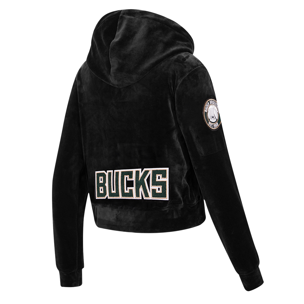 NBA MILWAUKEE BUCKS CLASSIC WOMEN'S VELOUR FULL ZIP PULLOVER HOODIE (BLACK)