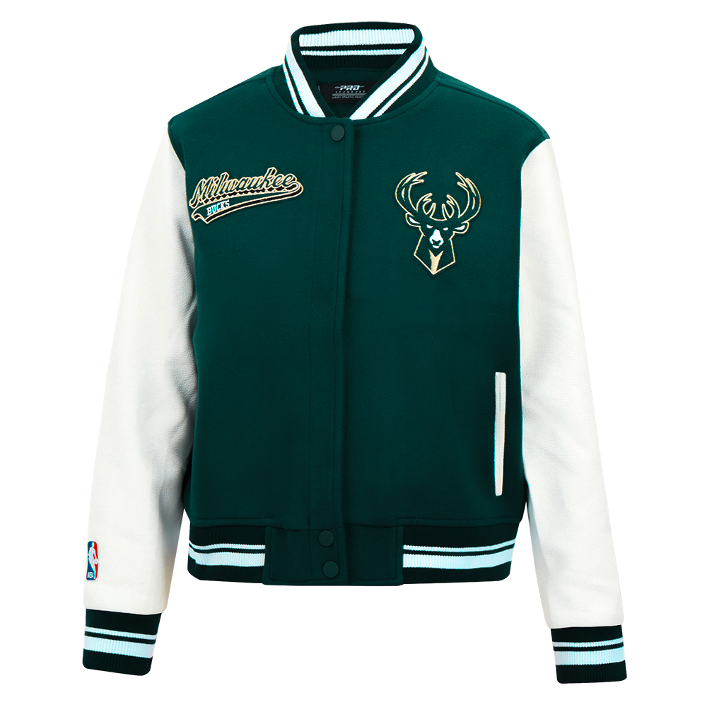 NBA MILWAUKEE BUCKS SCRIPT TAIL BLOUSON COLLÉGIAL EN LAINE POUR FEMME (VERT FORÊT/BLANC)