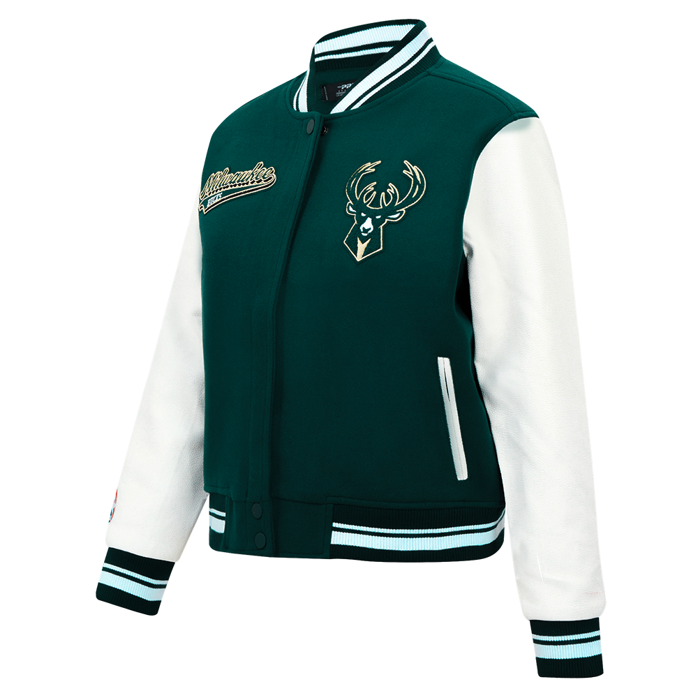 NBA MILWAUKEE BUCKS SCRIPT TAIL BLOUSON COLLÉGIAL EN LAINE POUR FEMME (VERT FORÊT/BLANC)