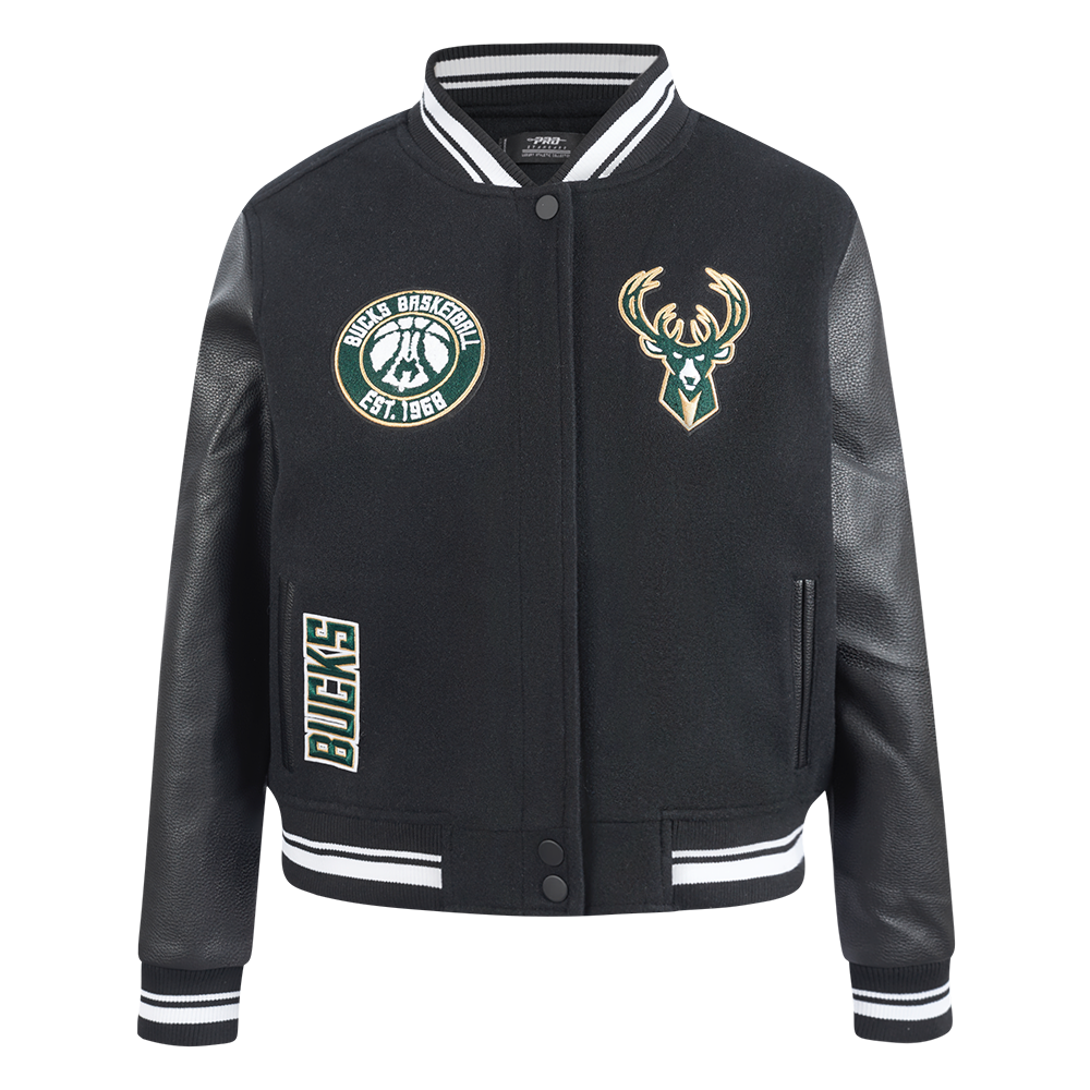 NBA MILWAUKEE BUCKS RETRO CLASSIC BLOUSON COLLÉGIAL EN LAINE À BORDS CÔTELÉS POUR FEMME (NOIR)