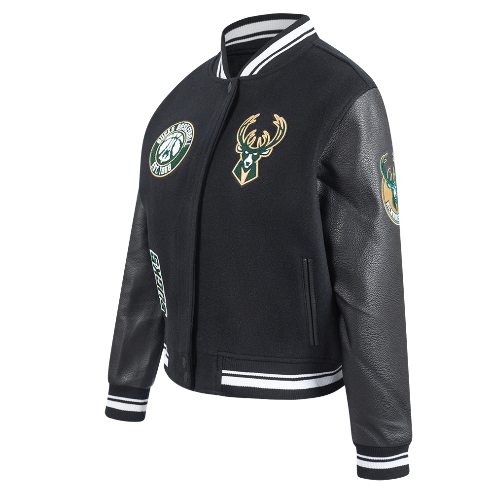 NBA MILWAUKEE BUCKS RETRO CLASSIC BLOUSON COLLÉGIAL EN LAINE À BORDS CÔTELÉS POUR FEMME (NOIR)