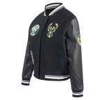 NBA MILWAUKEE BUCKS RETRO CLASSIC BLOUSON COLLÉGIAL EN LAINE À BORDS CÔTELÉS POUR FEMME (NOIR)