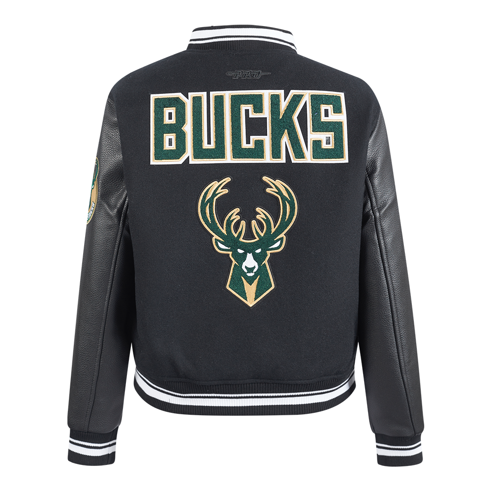 NBA MILWAUKEE BUCKS RETRO CLASSIC BLOUSON COLLÉGIAL EN LAINE À BORDS CÔTELÉS POUR FEMME (NOIR)