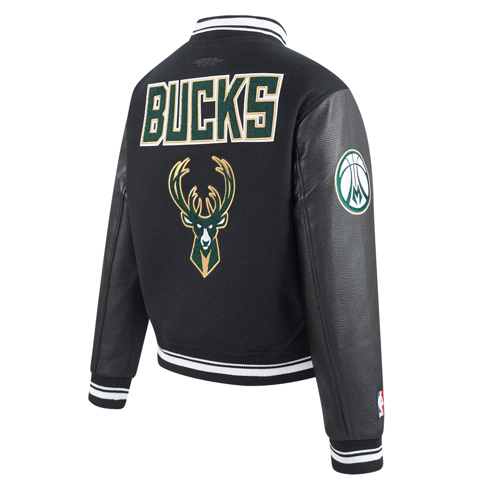 NBA MILWAUKEE BUCKS RETRO CLASSIC BLOUSON COLLÉGIAL EN LAINE À BORDS CÔTELÉS POUR FEMME (NOIR)