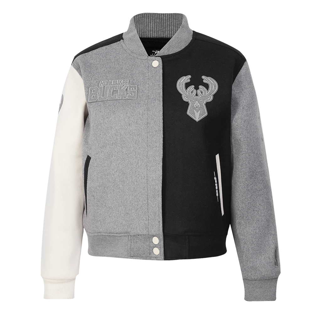 NBA MILWAUKEE BUCKS REVERSE FRENCH TERRY BLOUSON COLLÉGIAL EN LAINE POUR FEMME (NOIR/GRIS/COQUILLE D'ŒUF)