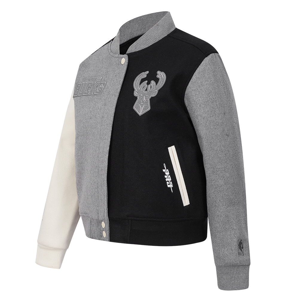 NBA MILWAUKEE BUCKS REVERSE FRENCH TERRY BLOUSON COLLÉGIAL EN LAINE POUR FEMME (NOIR/GRIS/COQUILLE D'ŒUF)