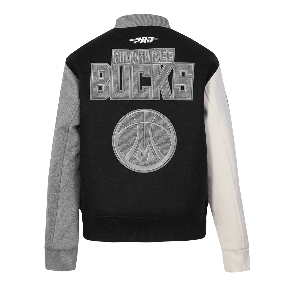 NBA MILWAUKEE BUCKS REVERSE FRENCH TERRY BLOUSON COLLÉGIAL EN LAINE POUR FEMME (NOIR/GRIS/COQUILLE D'ŒUF)