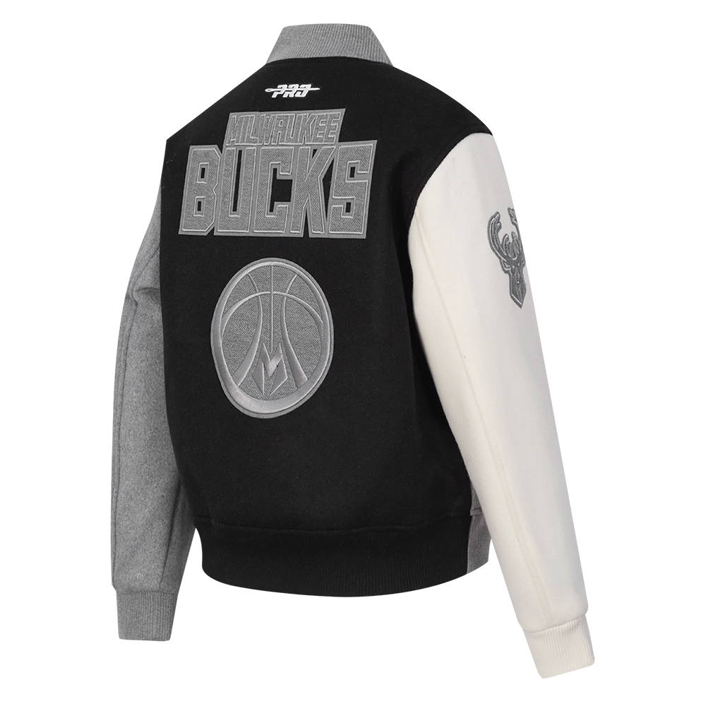 NBA MILWAUKEE BUCKS REVERSE FRENCH TERRY BLOUSON COLLÉGIAL EN LAINE POUR FEMME (NOIR/GRIS/COQUILLE D'ŒUF)