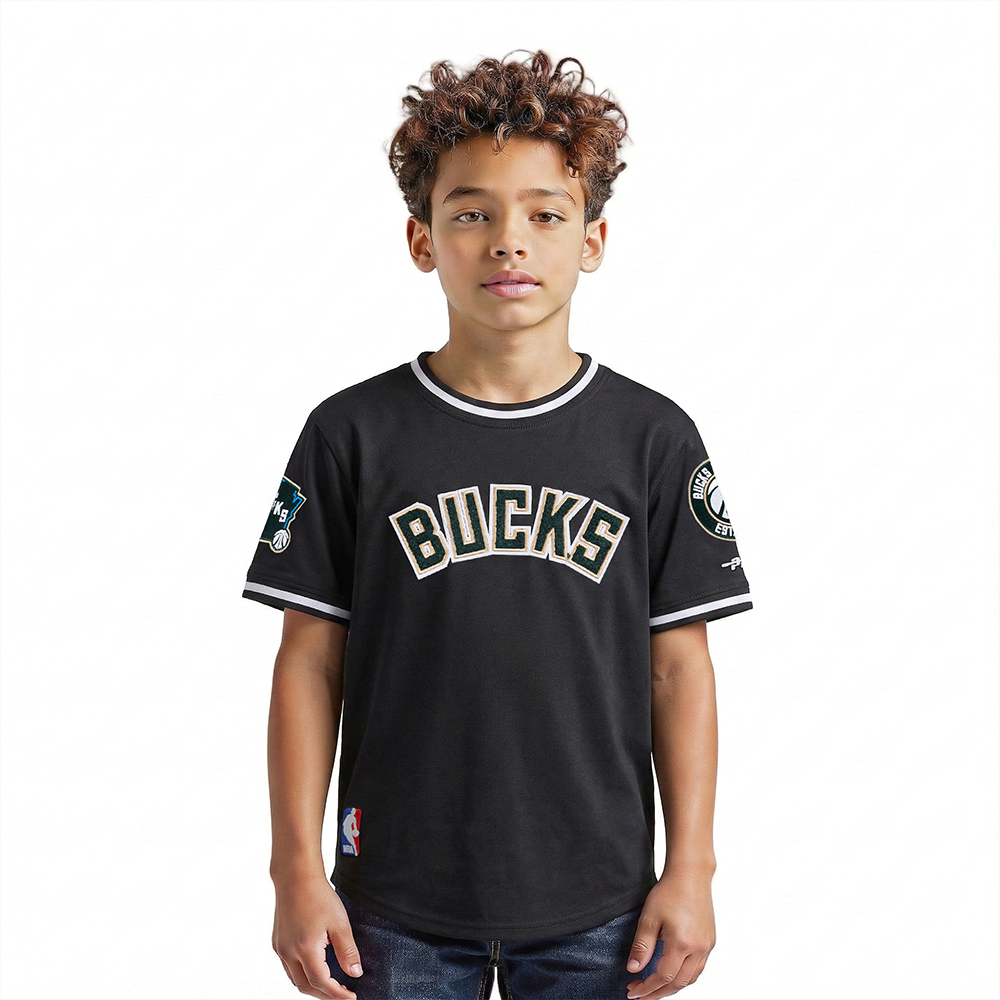 NBA MILWAUKEE BUCKS CLASSIC T-SHIRT CÔTELÉ RAYÉ À MANCHES COURTES POUR GARÇON ENFANT (NOIR)