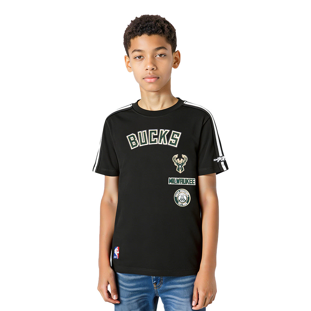 NBA MILWAUKEE BUCKS RETRO CLASSIC T-SHIRT À BANDES À MANCHES COURTES POUR GARÇON ENFANT (NOIR)