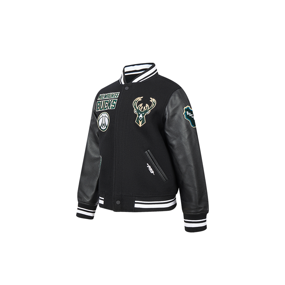 NBA MILWAUKEE BUCKS RETRO CLASSIC BLOUSON COLLÉGIAL EN LAINE À BORDS CÔTELÉS POUR GARÇON BAMBIN (NOIR)