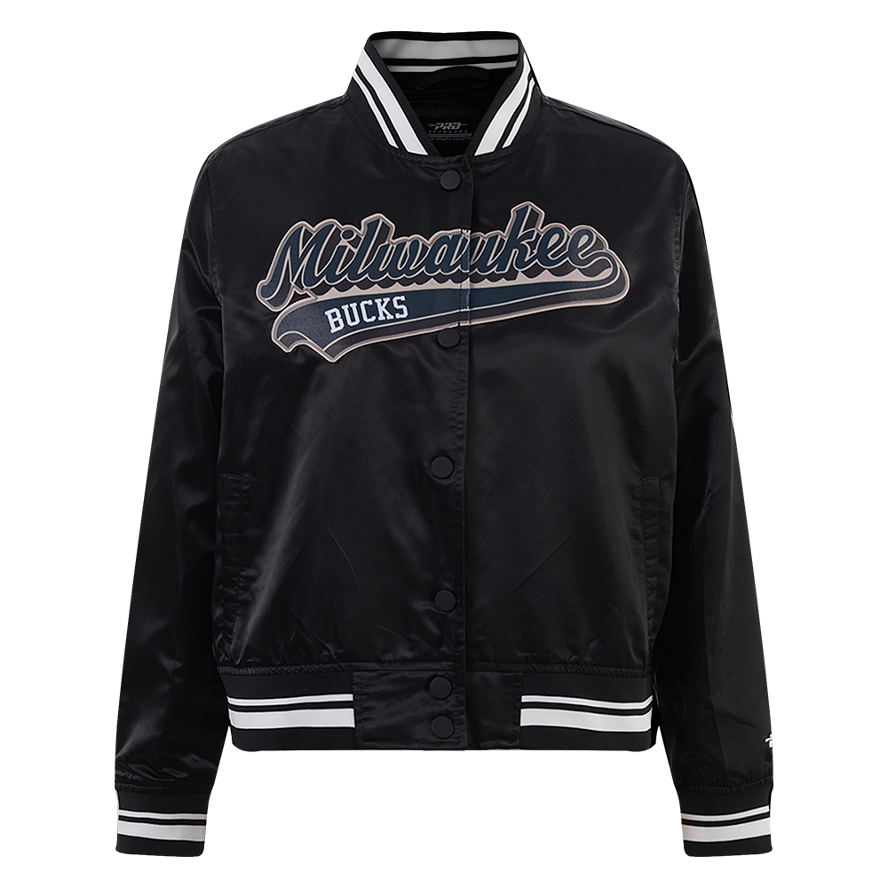 NBA MILWAUKEE BUCKS SCRIPT TAIL WOMEN'S SATIN JACKET (BLACK)