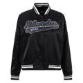 NBA MILWAUKEE BUCKS SCRIPT TAIL WOMEN'S SATIN JACKET (BLACK)