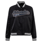 NBA MILWAUKEE BUCKS SCRIPT TAIL WOMEN'S SATIN JACKET (BLACK)