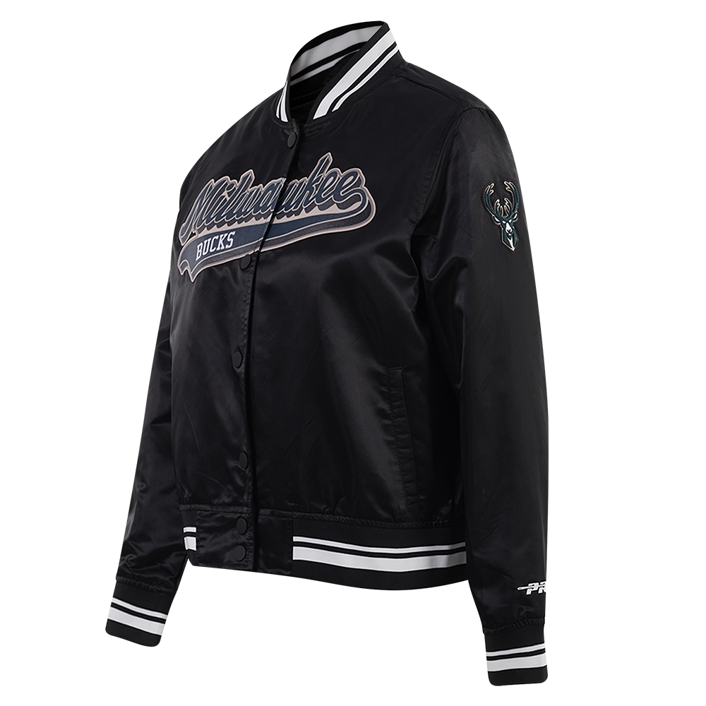 NBA MILWAUKEE BUCKS SCRIPT TAIL WOMEN'S SATIN JACKET (BLACK)