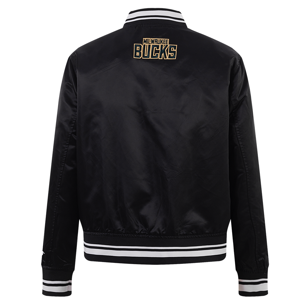 NBA MILWAUKEE BUCKS SCRIPT TAIL WOMEN'S SATIN JACKET (BLACK)
