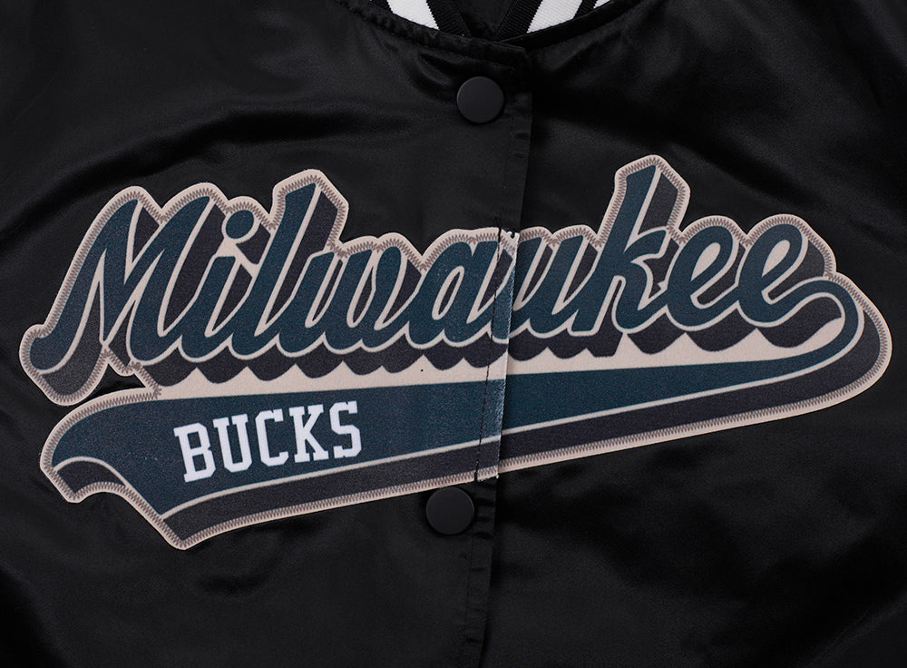 NBA MILWAUKEE BUCKS SCRIPT TAIL WOMEN'S SATIN JACKET (BLACK)