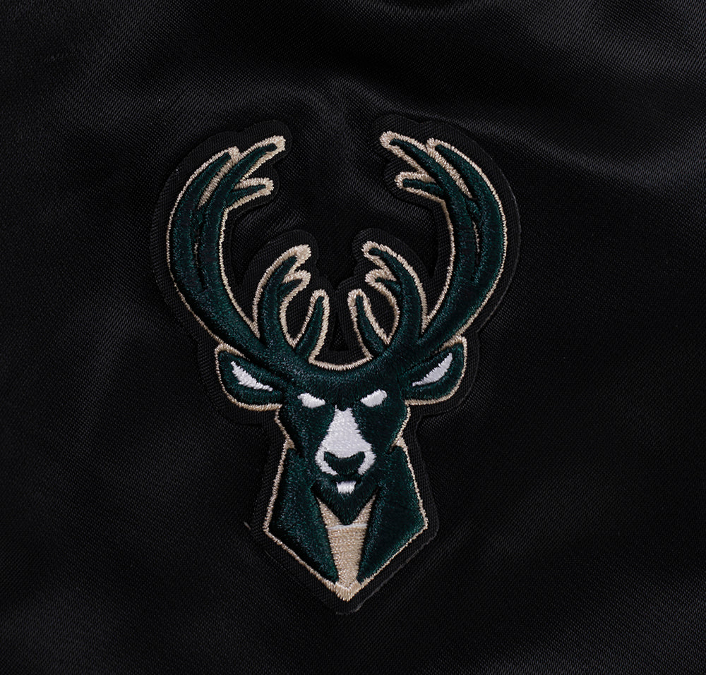 NBA MILWAUKEE BUCKS SCRIPT TAIL WOMEN'S SATIN JACKET (BLACK)