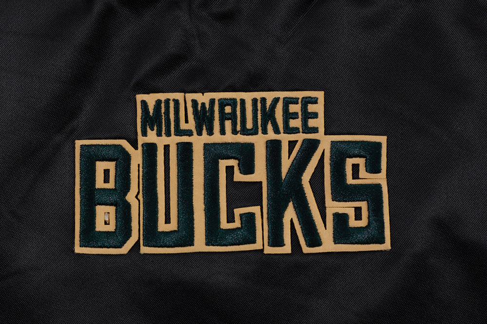 NBA MILWAUKEE BUCKS SCRIPT TAIL WOMEN'S SATIN JACKET (BLACK)