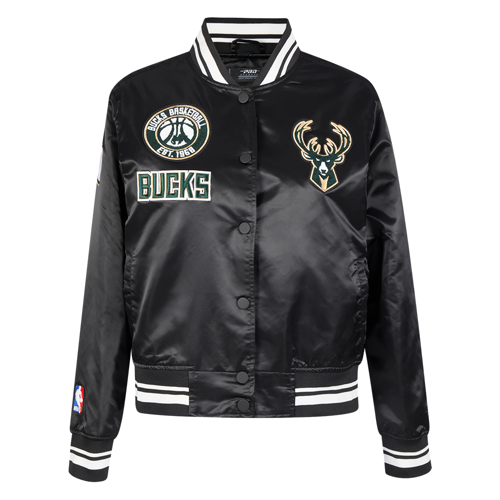 NBA MILWAUKEE BUCKS RETRO CLASSIC BLOUSON EN SATIN À BORDS CÔTELÉS POUR FEMME (NOIR)