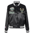 NBA MILWAUKEE BUCKS RETRO CLASSIC BLOUSON EN SATIN À BORDS CÔTELÉS POUR FEMME (NOIR)