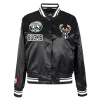 NBA MILWAUKEE BUCKS RETRO CLASSIC BLOUSON EN SATIN À BORDS CÔTELÉS POUR FEMME (NOIR)