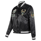 NBA MILWAUKEE BUCKS RETRO CLASSIC BLOUSON EN SATIN À BORDS CÔTELÉS POUR FEMME (NOIR)
