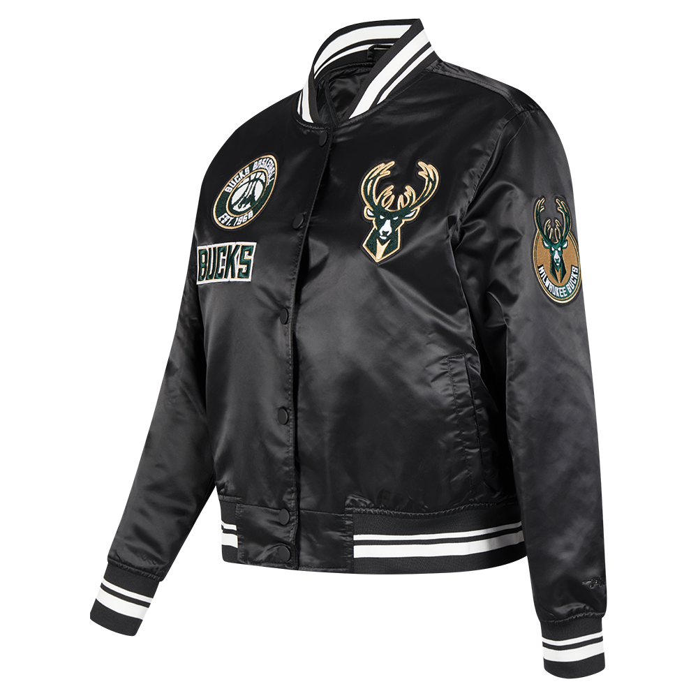 NBA MILWAUKEE BUCKS RETRO CLASSIC BLOUSON EN SATIN À BORDS CÔTELÉS POUR FEMME (NOIR)