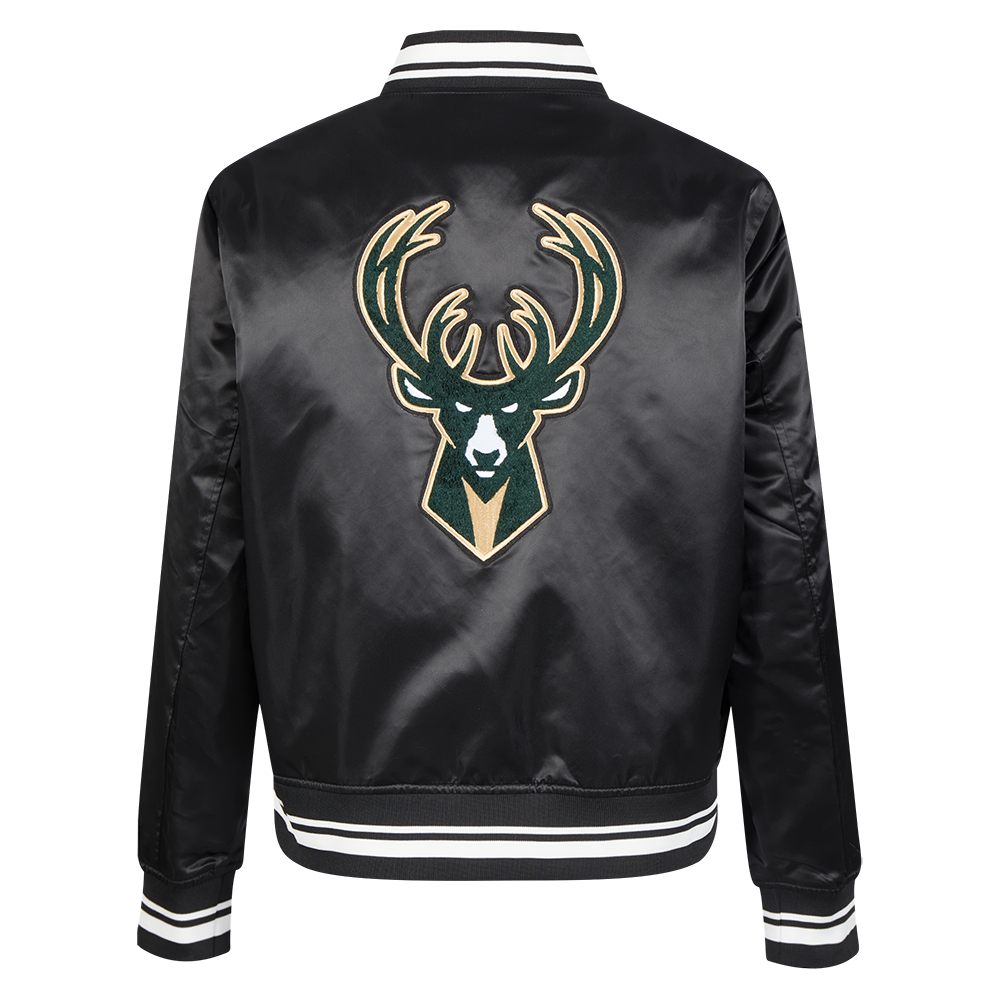 NBA MILWAUKEE BUCKS RETRO CLASSIC BLOUSON EN SATIN À BORDS CÔTELÉS POUR FEMME (NOIR)