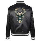 NBA MILWAUKEE BUCKS RETRO CLASSIC BLOUSON EN SATIN À BORDS CÔTELÉS POUR FEMME (NOIR)